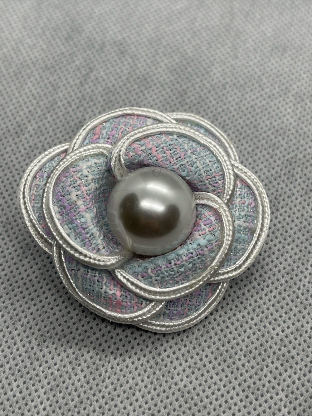 Silver-Tone Pastel Fabric Flower Brooch with Pearl Center